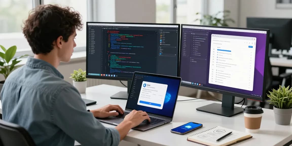 Engaging tech workspace showcasing 纸飞机下载 development with modern tools and vibrant code.