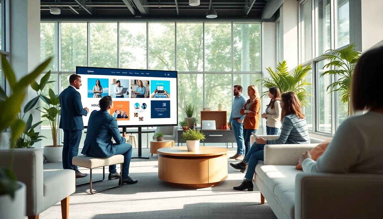 Web design company Essex team collaborating in a modern office environment.