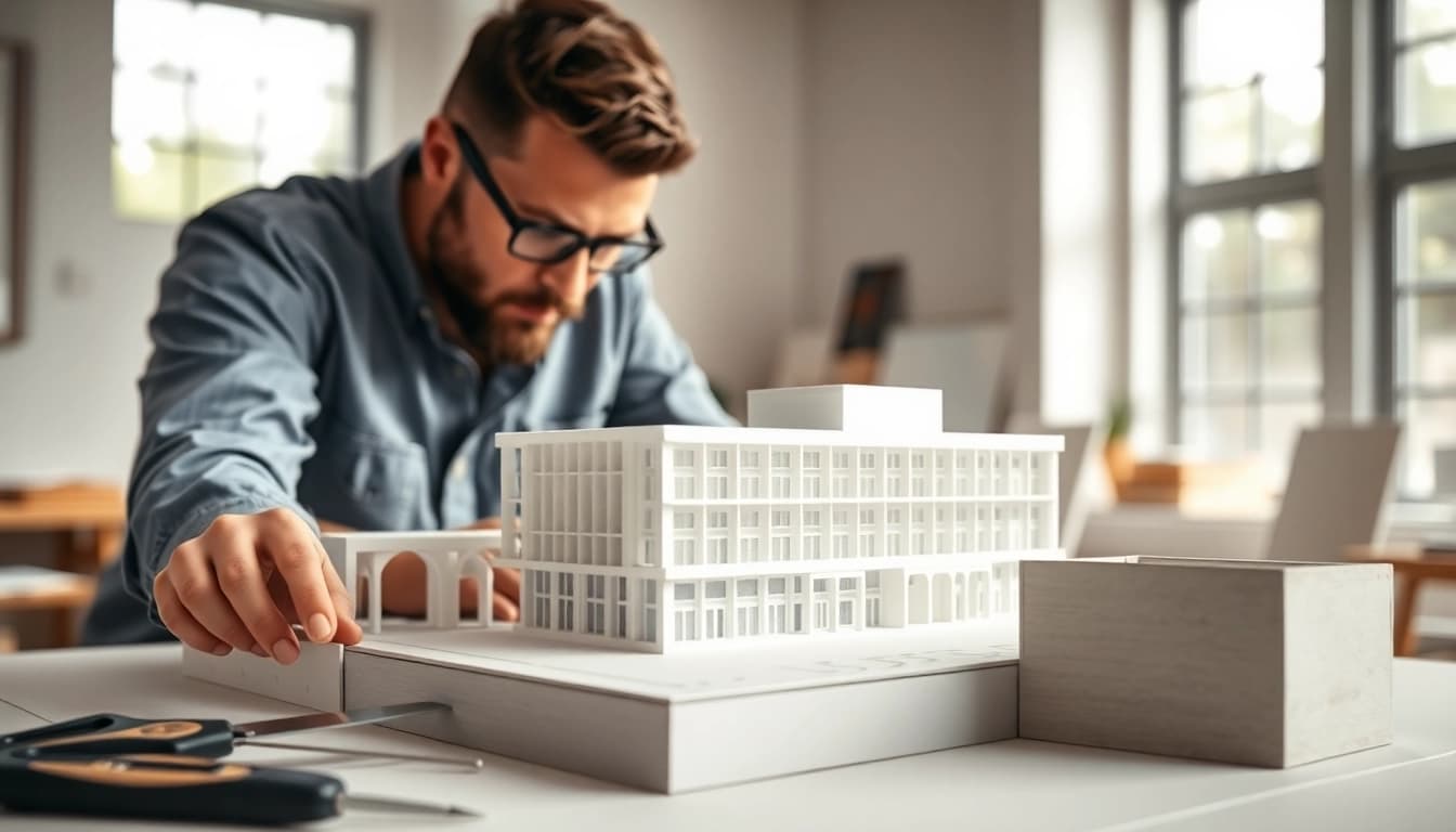 Modellbauer arbeitet an architekturmodellbau Kassel, zeigt präzise Details und Werkzeuge.