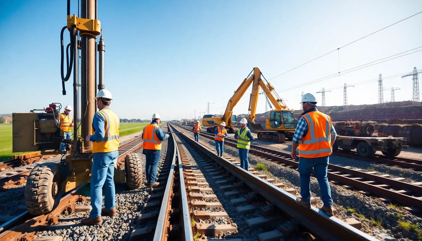 Railroad Contractors building tracks with heavy machinery at a construction site.