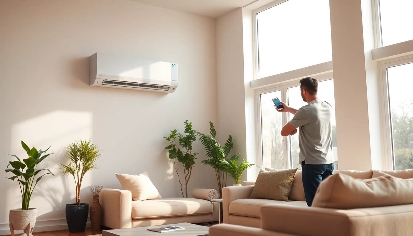 Optimize comfort with Daikin mini split AC installed in a bright, modern living room.