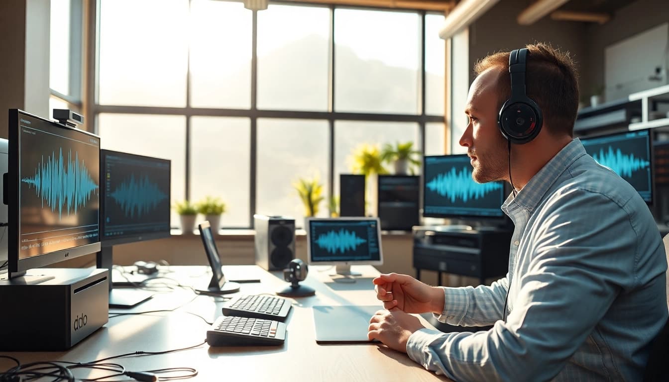 Create realistic audio outputs with AI Voice technology in a high-tech environment.