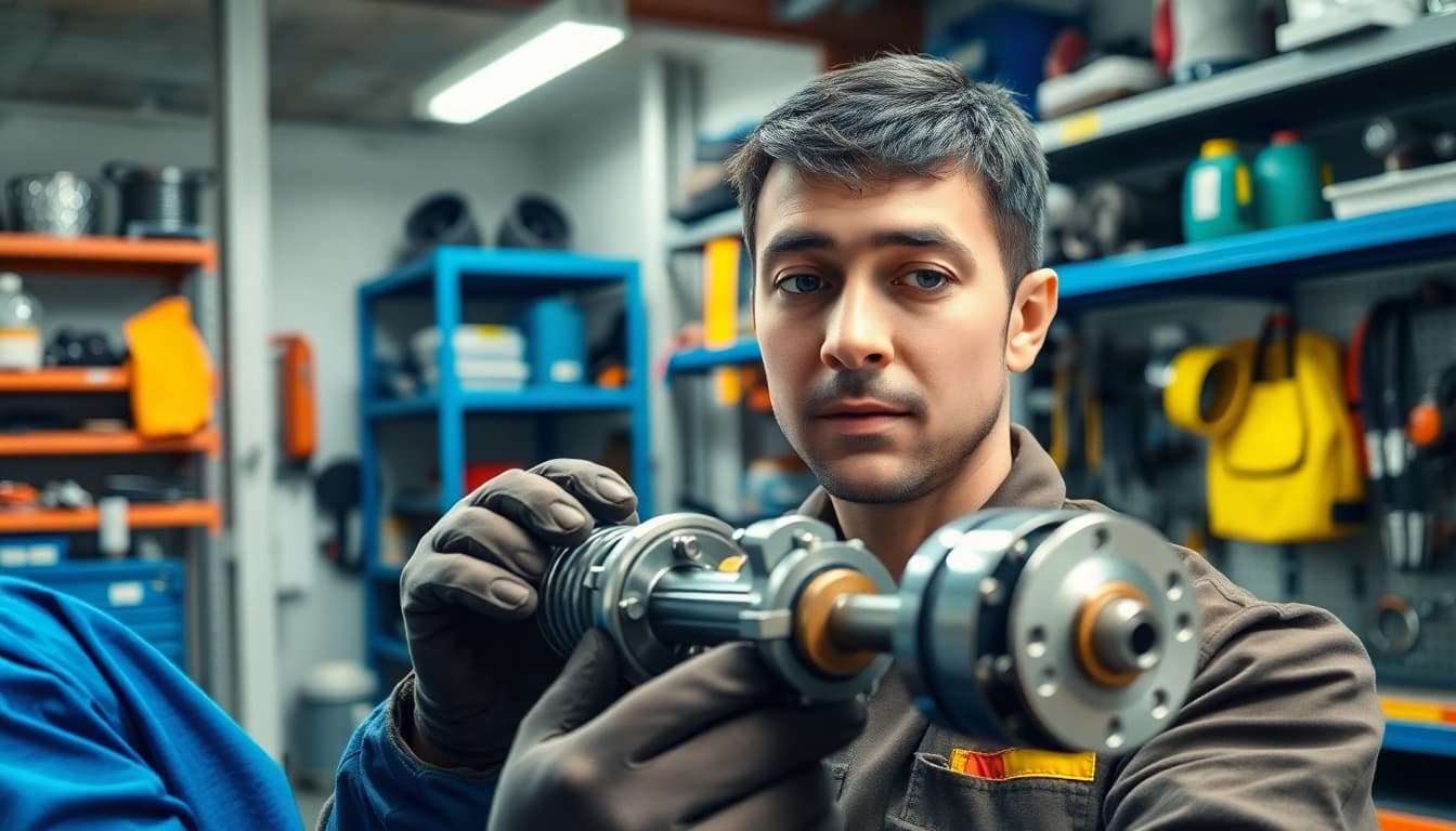 Technician performing hydraulic cylinder repair in a well-equipped workshop with various tools.