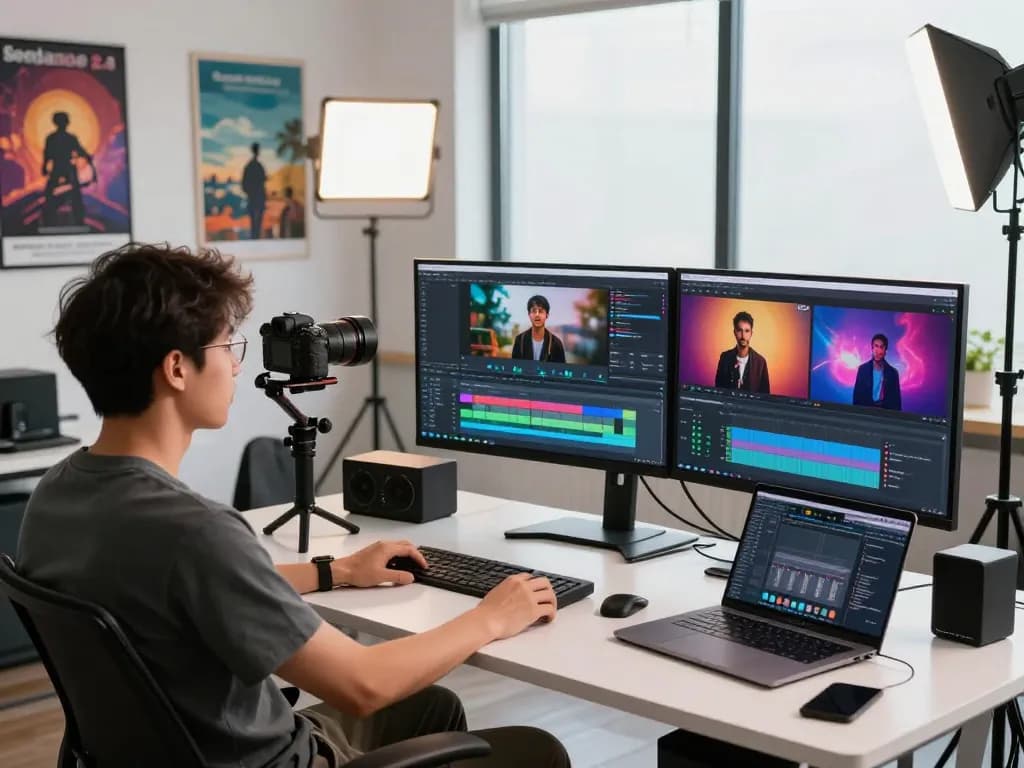 Creating with seedance 2.0 in a dynamic AI video production workspace featuring advanced editing tools and creative ambiance.
