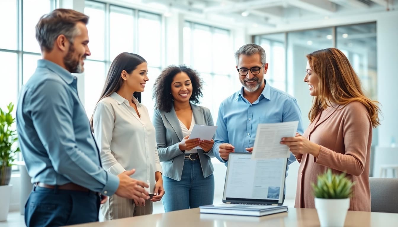 Engaging discussion about Life insurance options in a modern office setting with families and advisors.