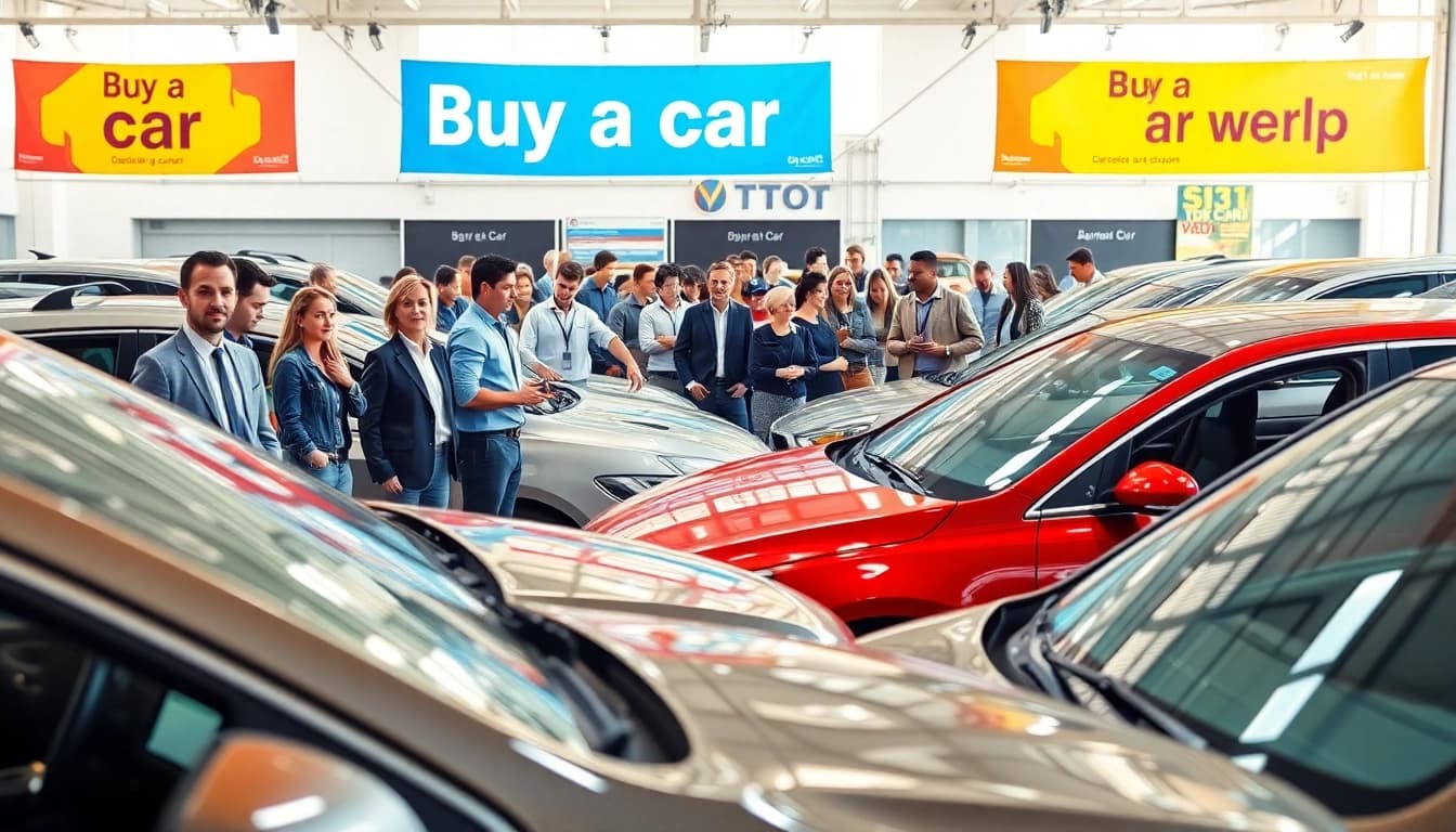 Explore diverse buyers eager to Buy a car in a vibrant dealership setting filled with quality vehicles.