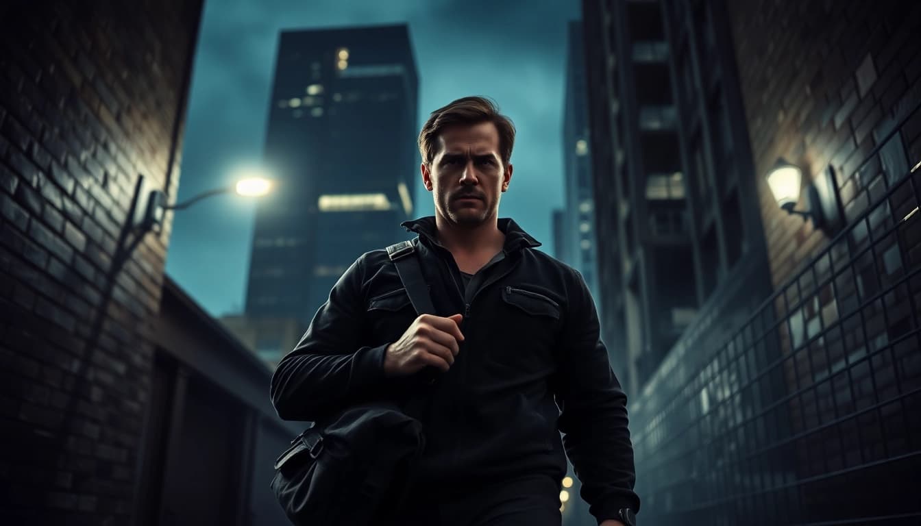 Action hero inspired by Better than Jack Reacher stands in a gritty urban alleyway.