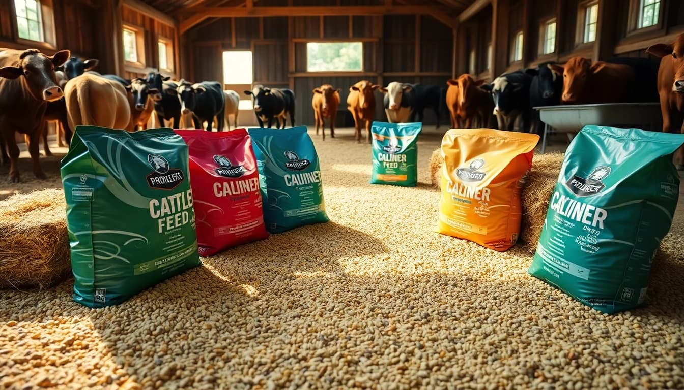 Showcasing cattle feed bags and cattle in a rustic barn to illustrate quality nutrition.