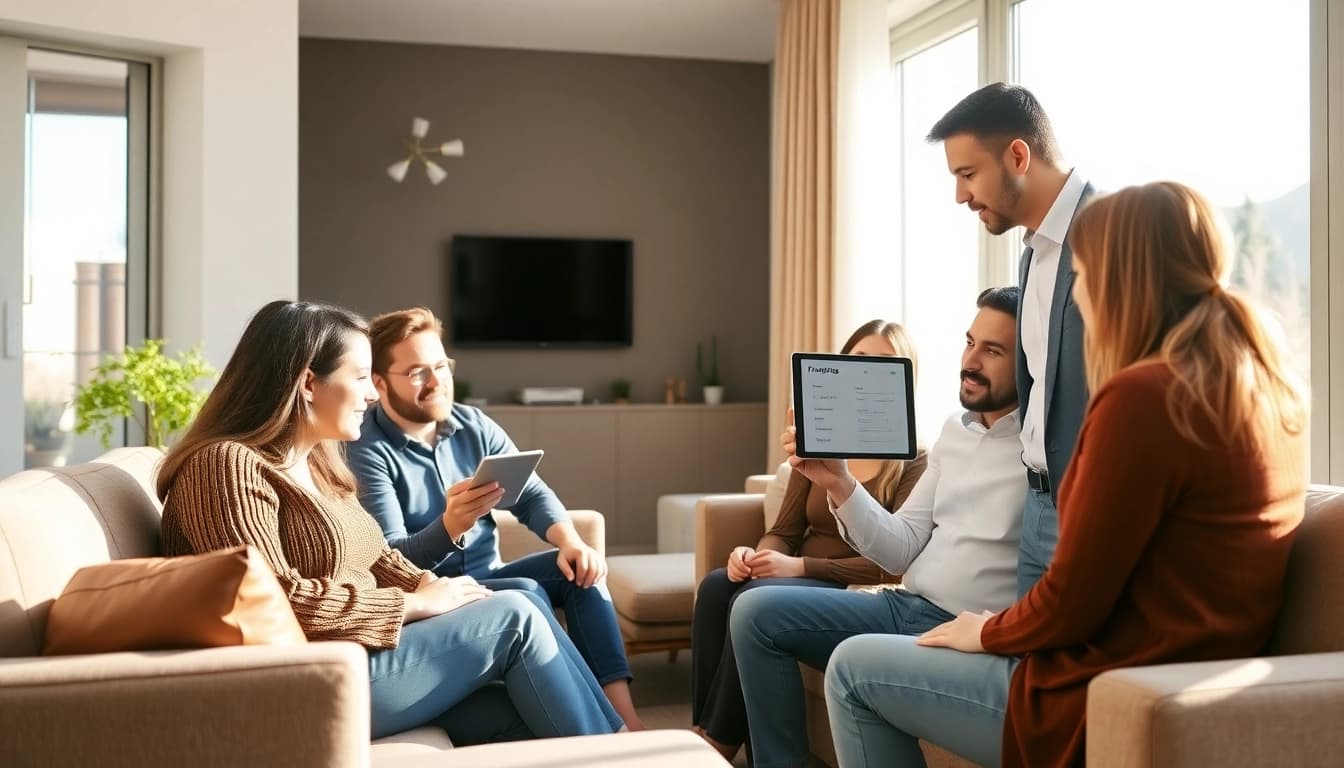 Explore heating financing options with a family consulting a financial advisor in a cozy living room.
