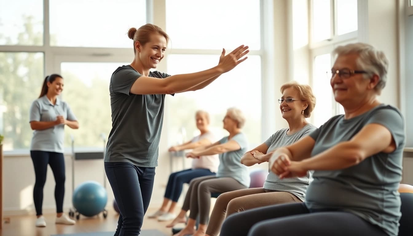 Senior physiotherapy Edmonton: Engaging session with a trainer helping elderly clients exercise.