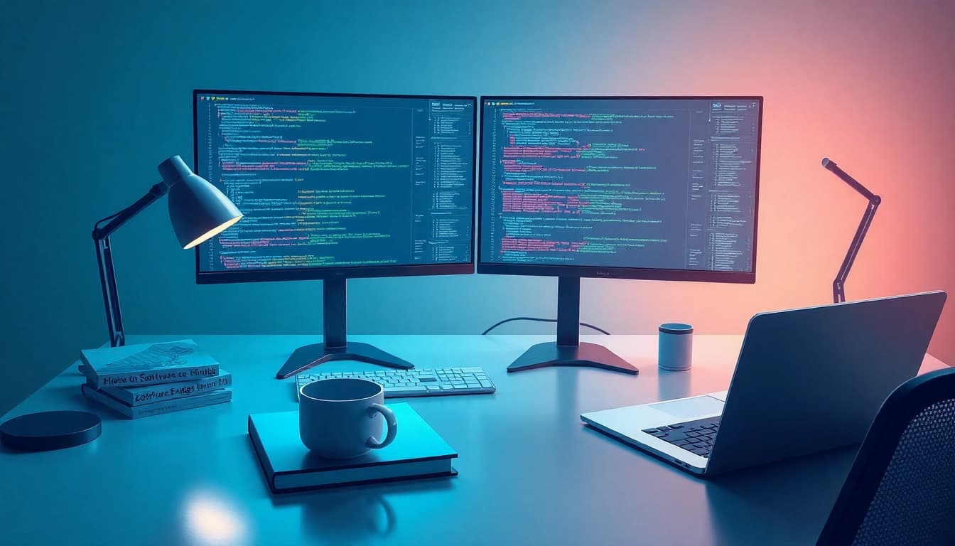 Software engineering workspace with dual monitors and innovative tech.