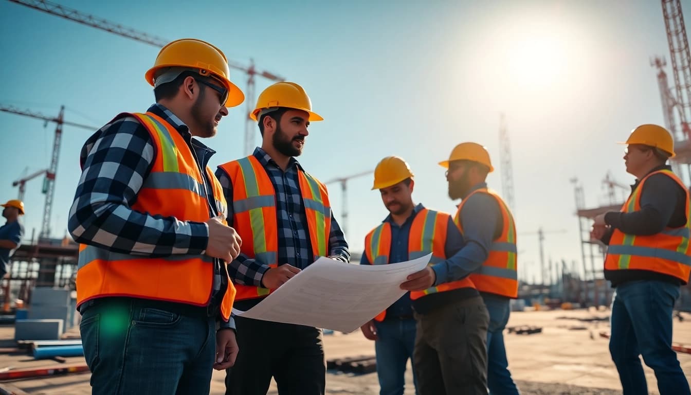 Workers engaging in teamwork at a construction association site emphasizing safety and collaboration.