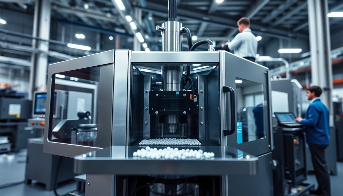 Plastic injection molding machine operating in a modern manufacturing facility, showcasing high-tech efficiency and precision.