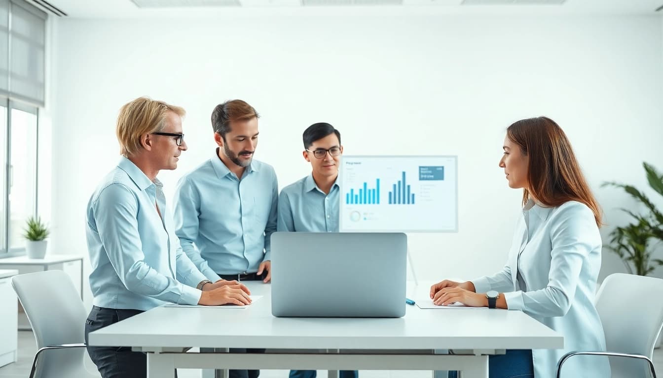 Brightet team collaborating on digital tools in a modern office setting.