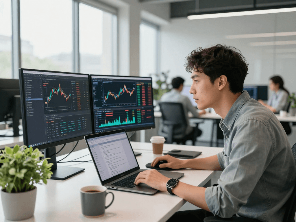 展示期货WebSocket实时推送的开发者在现代办公室分析市场数据，专注于屏幕的动态图表和提醒信息。