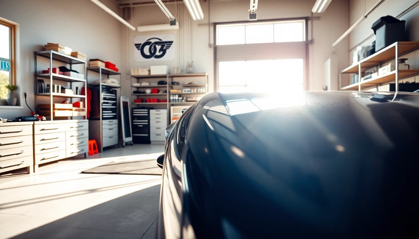 Experience superior auto detailing Cleveland TN with expert tools and a polished vehicle showcased in a bright garage.