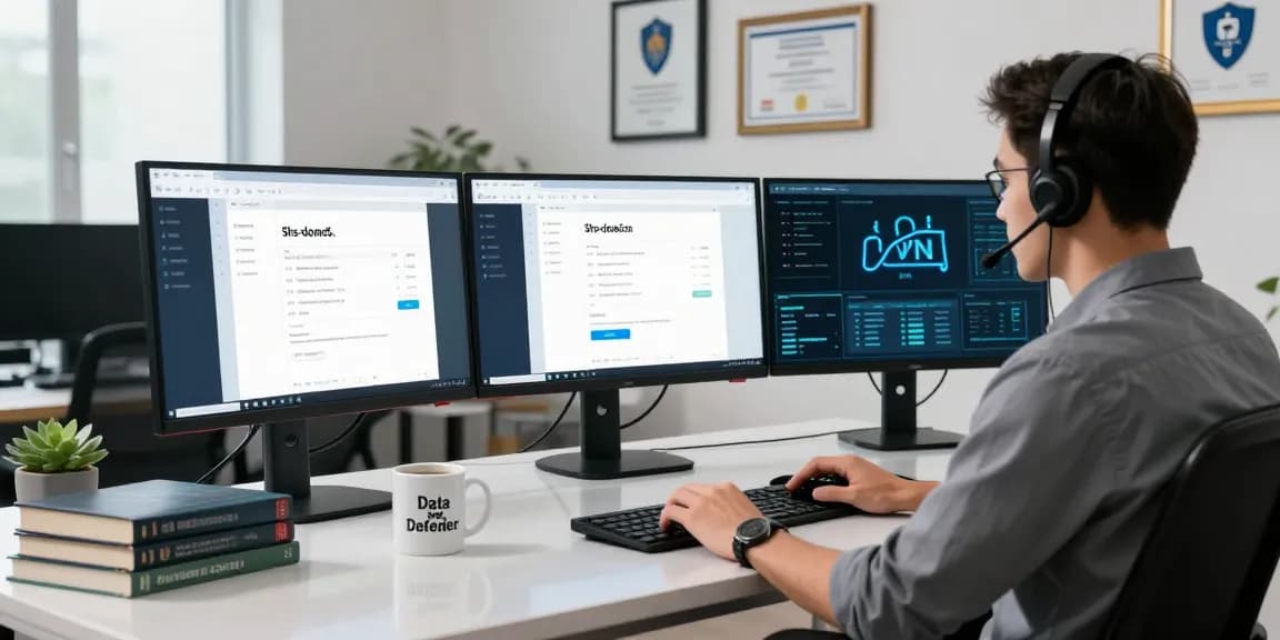 Expert IT specialist monitoring security protocols for shs-dome5.com in a modern office.