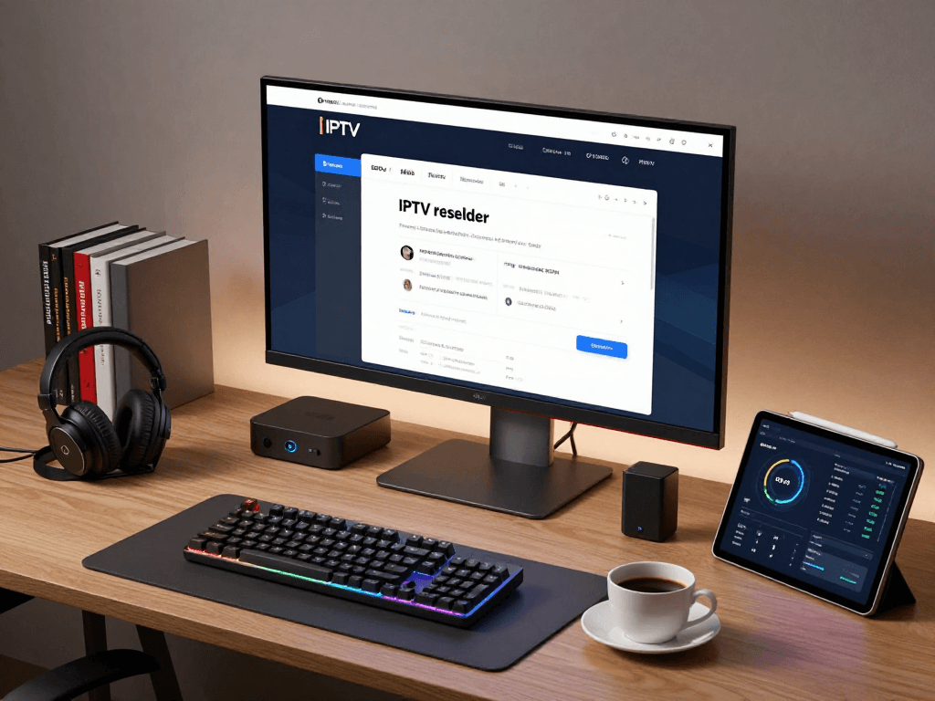 IPTV reseller platform depicted in a modern workspace with tech devices and analytics tools.