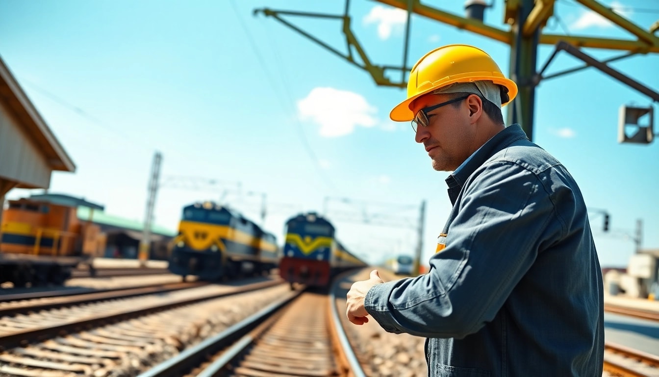 Explore rail jobs with a dedicated worker examining tracks at a busy railroad station.