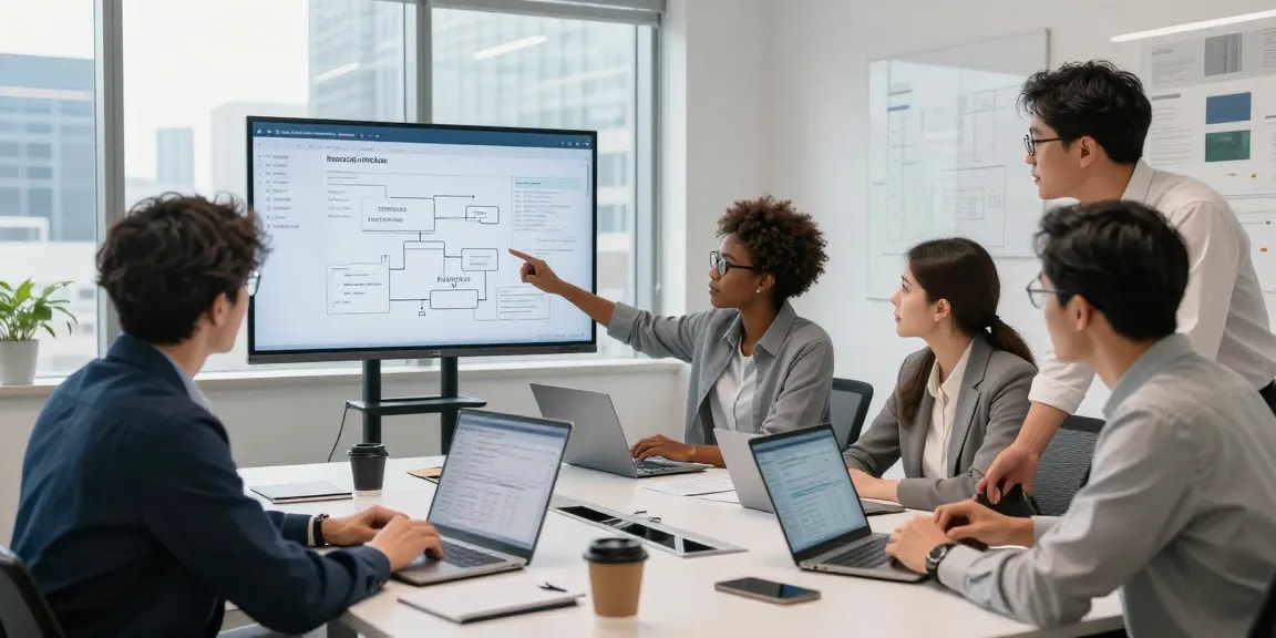 Team collaborating to detect fraud invoice using advanced AI technology in a modern office.