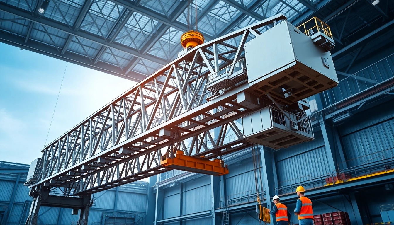 double girder bridge crane lifting a load in an industrial setting