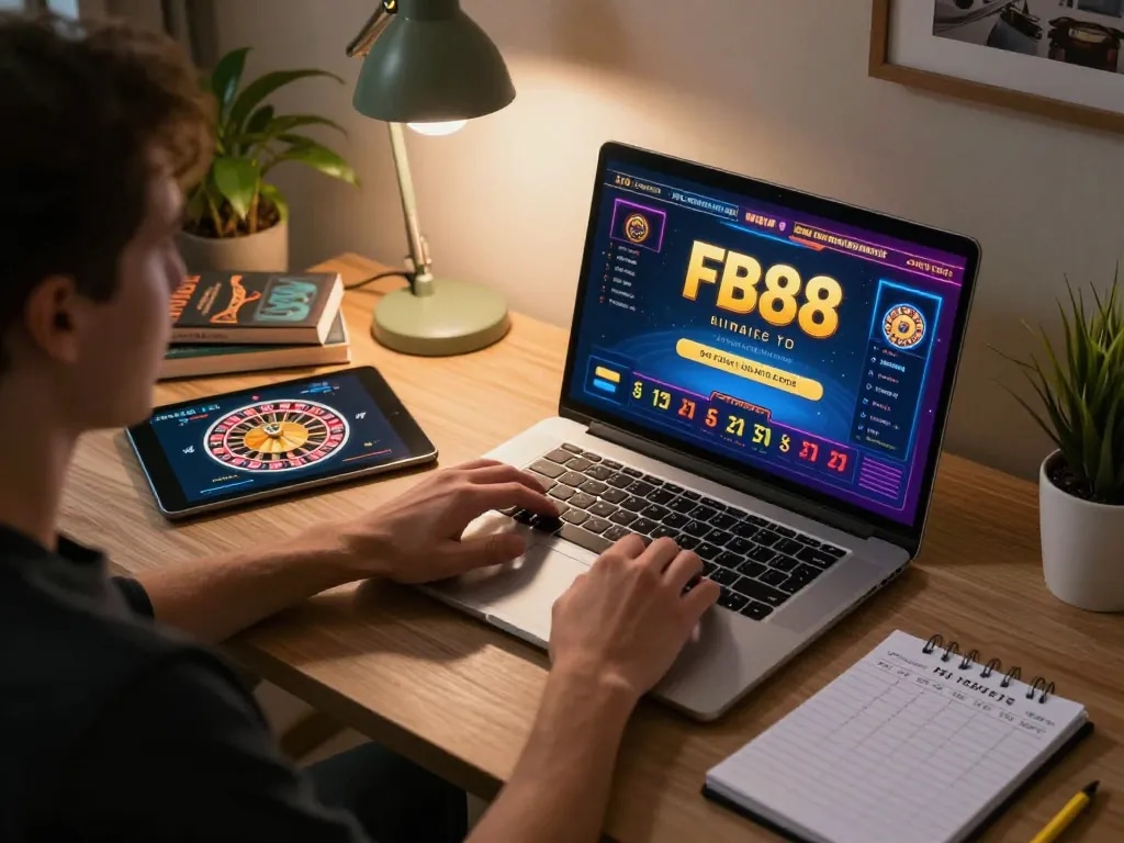 Play engaging fb88 casino games on a modern workspace with dynamic gaming elements.