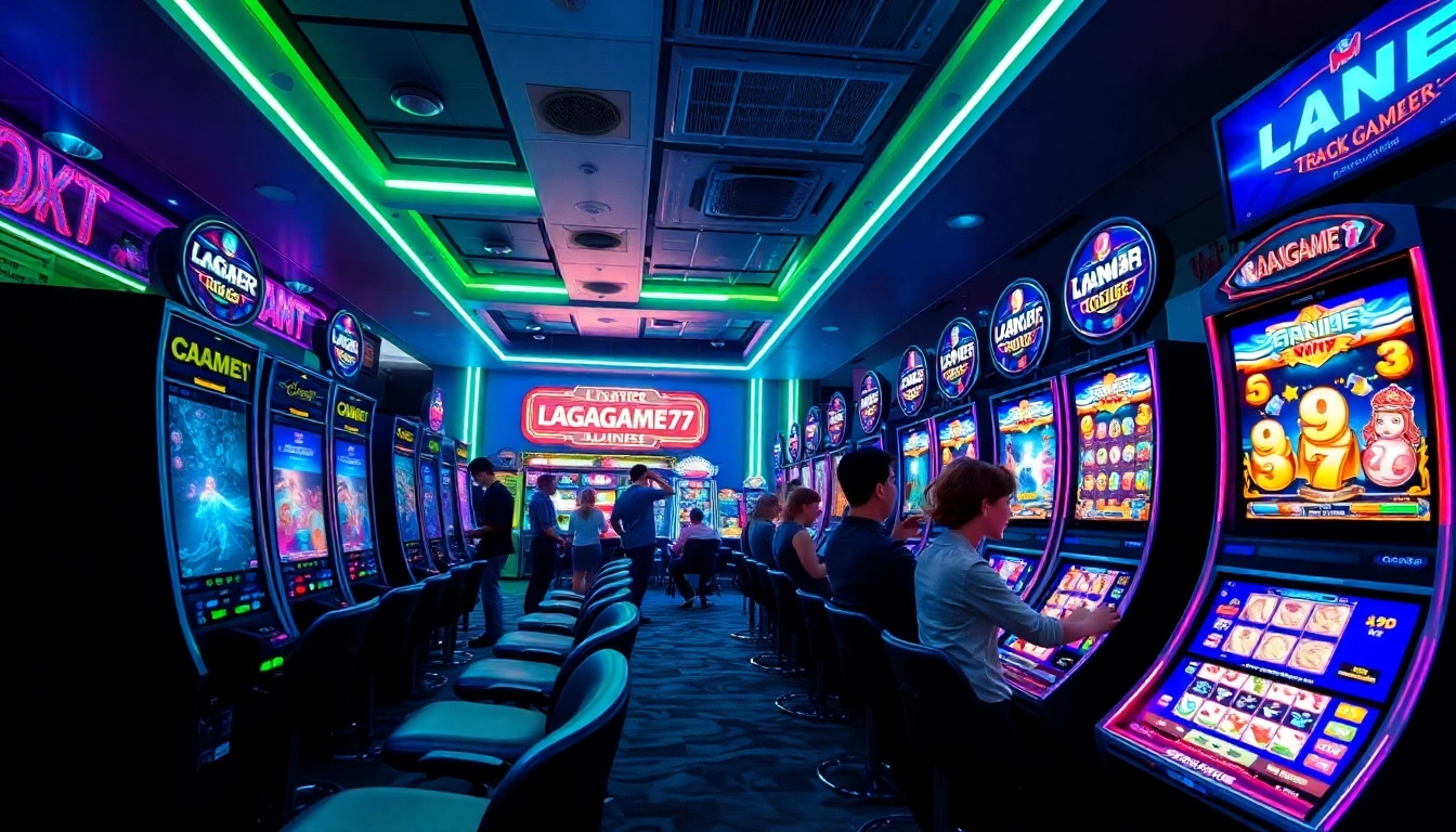 LAGAGAME77 online gaming scene with vibrant colors and celebrating players.