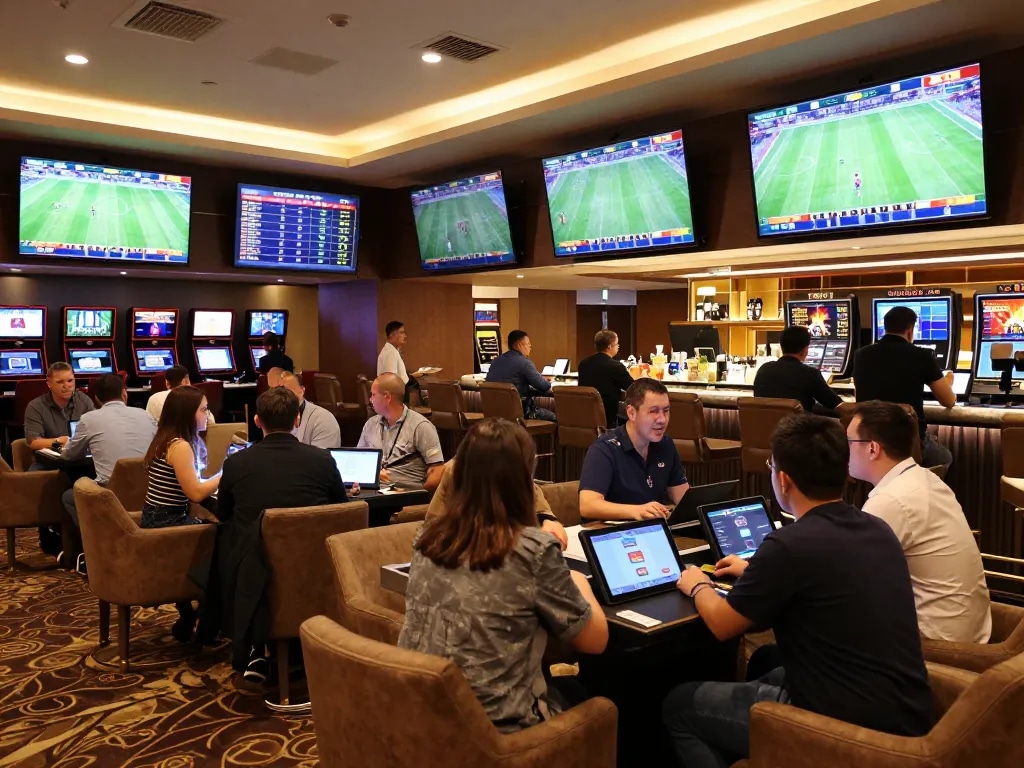 Bongdalu users engaging with live football scores in a luxurious sports betting lounge.