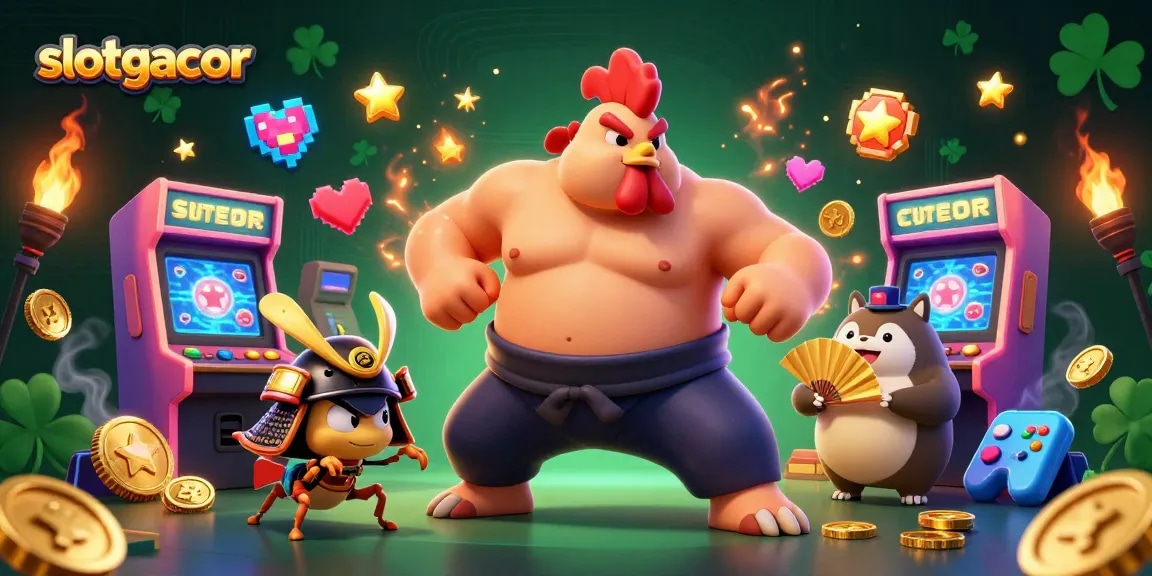 Win big with slotgacor as a sumo wrestler rooster and samurai cricket battle in a vibrant casino scene.