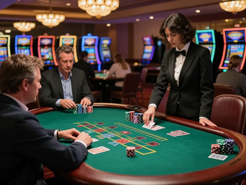 Experience strategic blackjack play at a casino table with focused players and vibrant atmosphere.