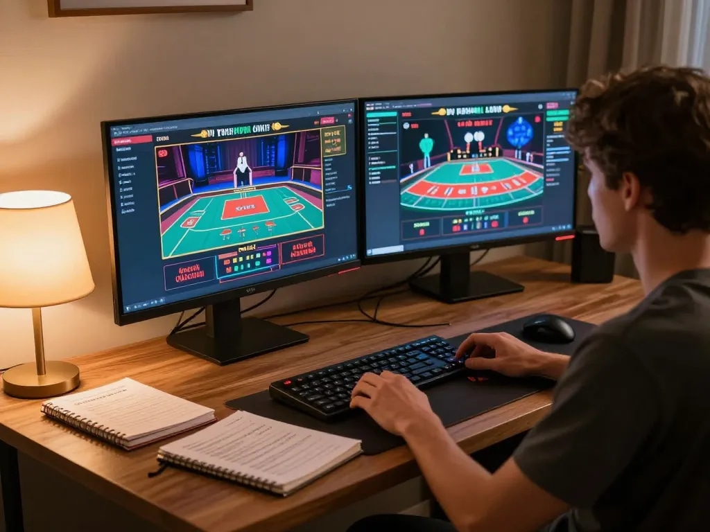 EE88 player strategizing online with focused gameplay on multiple screens in a cozy setup.