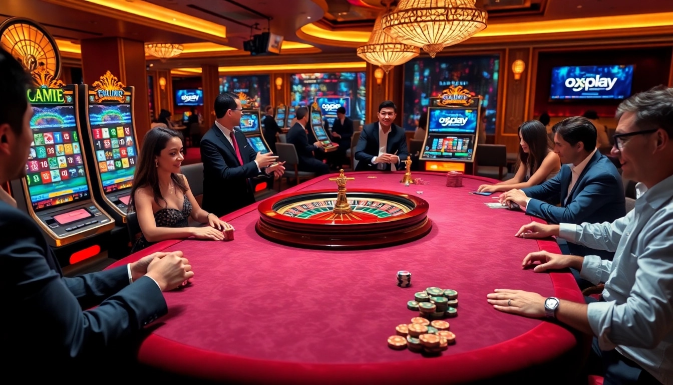 Experience an exciting gaming environment at oxplay with vibrant slot machines and a bustling casino table.