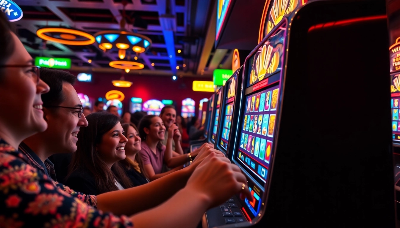 Slot demo terbaru dengan mesin slot cerah dan pemain bersemangat di kasino.