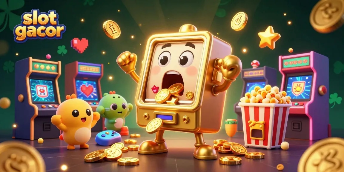 Experience the excitement of slot gacor as a golden slot machine hits a jackpot, surrounded by cheering mini slot machines.