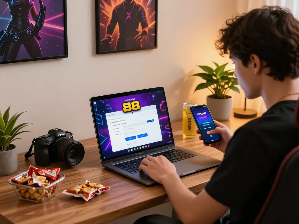 Engaged user accessing mantra88 login on a laptop in a modern home office.