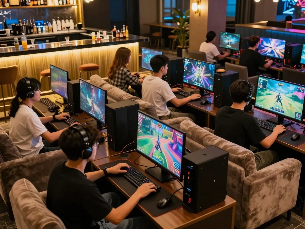 Engaging online gaming scene at vegasslot77 with players enjoying vibrant graphics and a stylish lounge atmosphere.