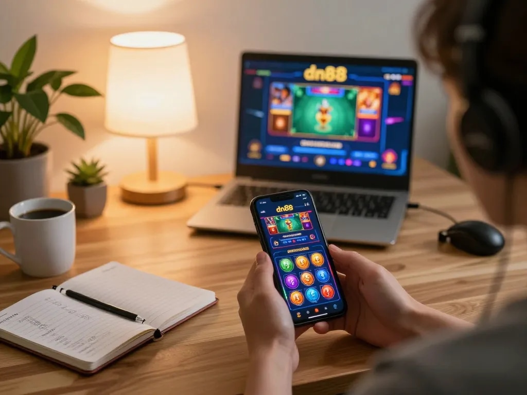 Player enjoying dn88 mobile gaming experience at home, showcasing strategy notes and engaging app interface.