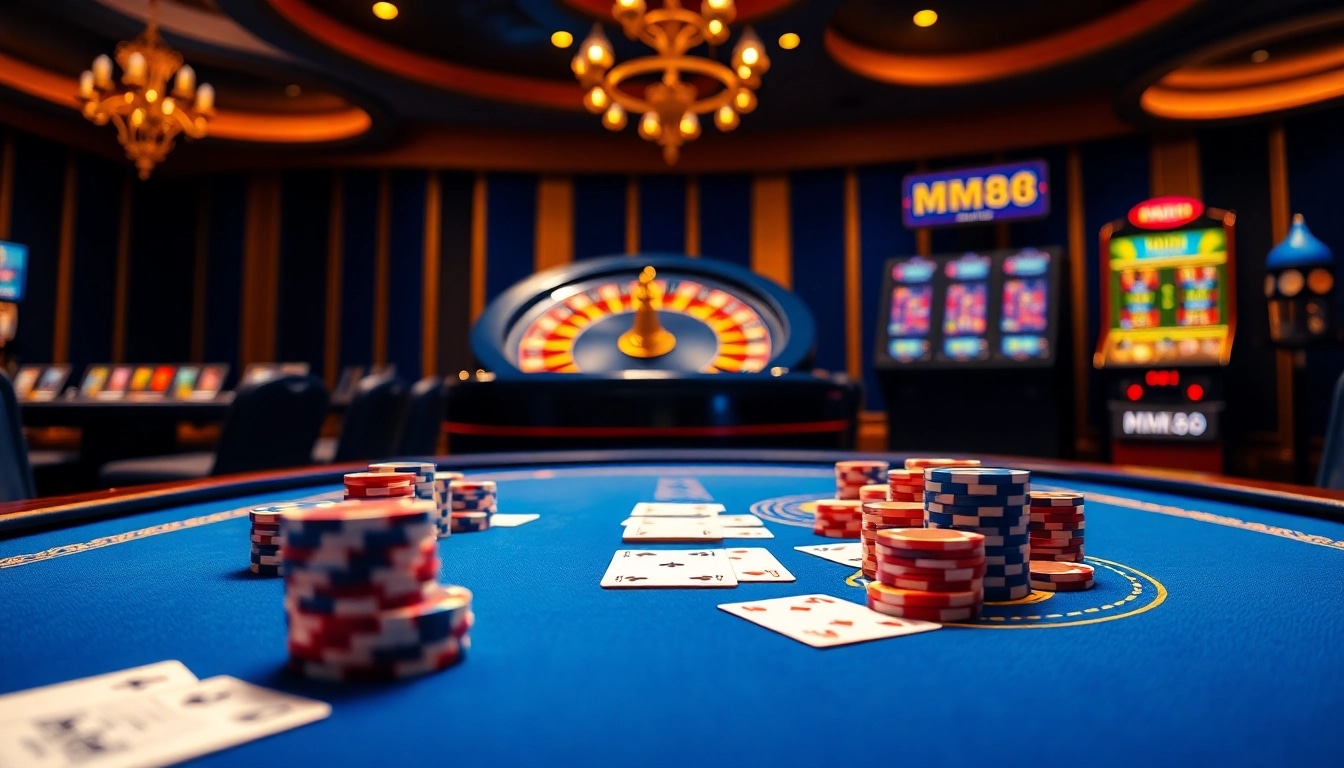 Engaging mm88 online casino scene with poker table and roulette wheel.