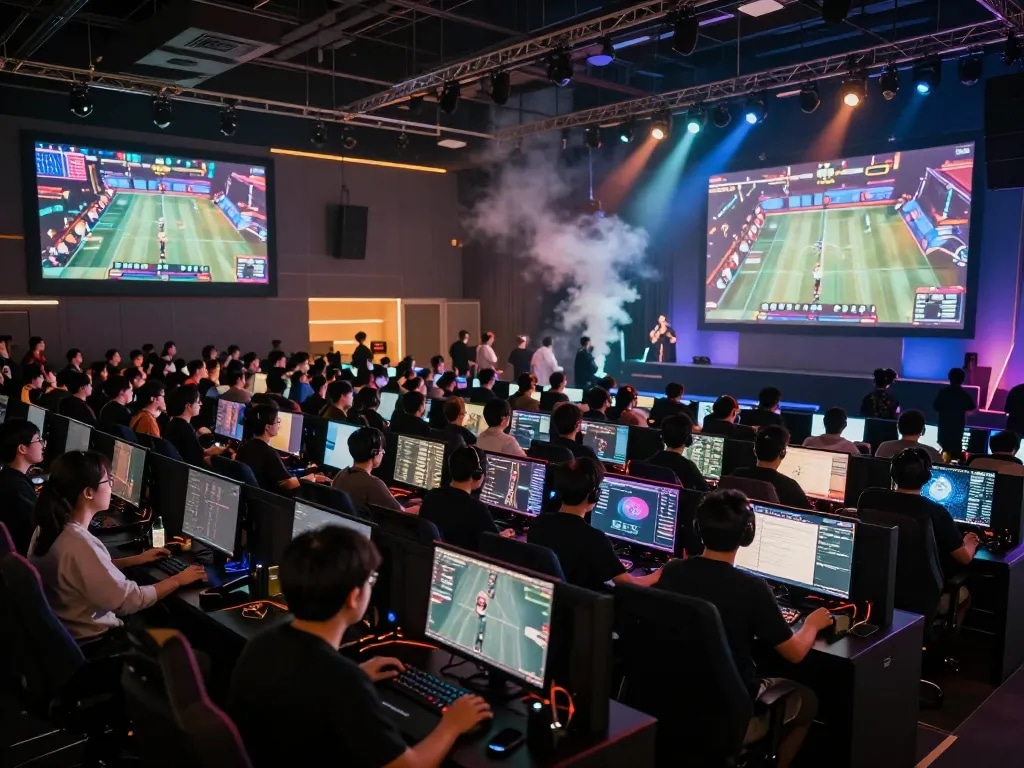 Xem bóng đá okwintv with enthusiastic fans in a vibrant esports arena during a live tournament.