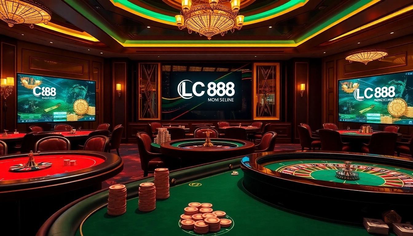 Engage in exhilarating betting at the LC 88 casino tables with vibrant poker chips and cards.