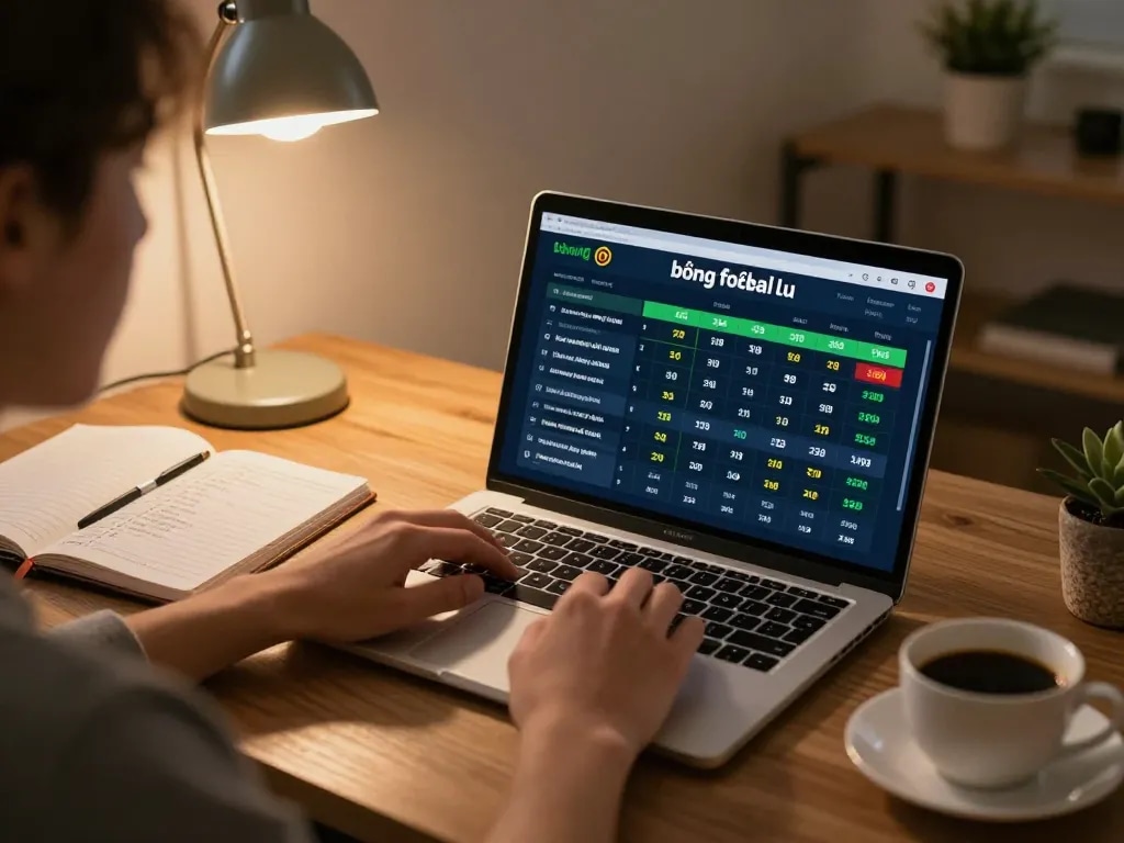 Engaging in bóng đá lu betting on a laptop, showcasing live odds and cozy home office ambiance.