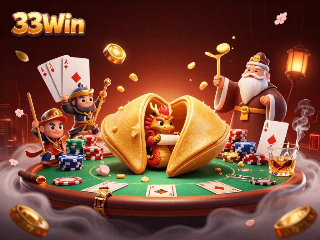 Experience the excitement of 33Win with vibrant casino-themed characters and elements in this dynamic illustration.