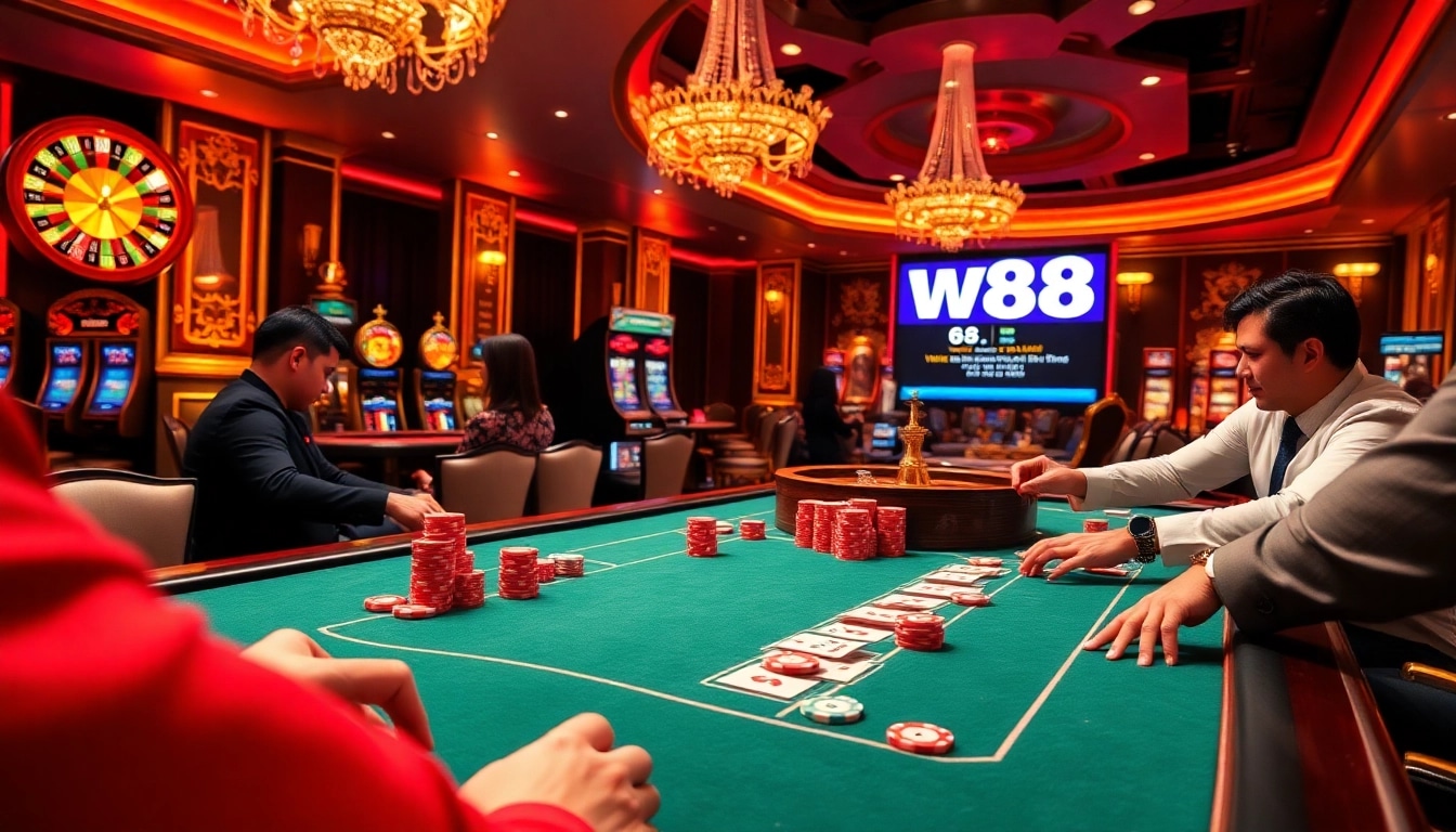 Player betting at a luxurious casino table while engaging with the W88 link.
