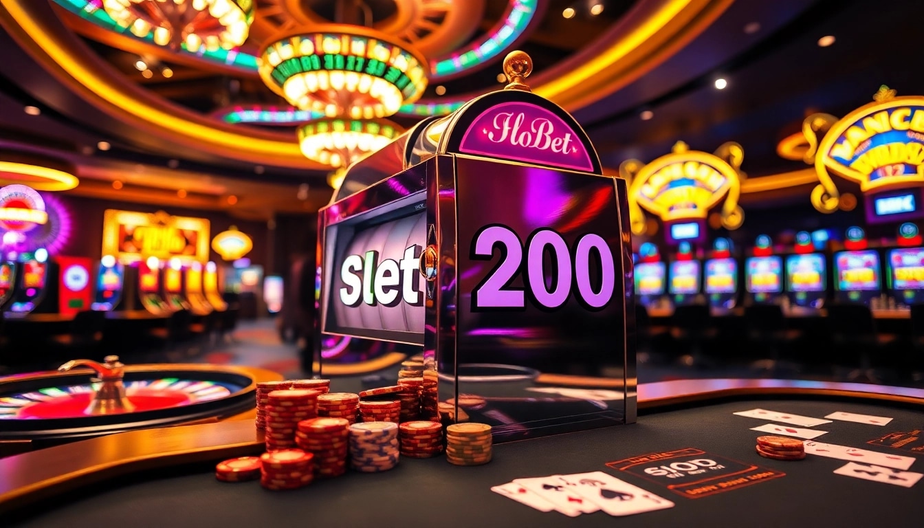 Permainan Slot Bet 200 yang Menarik dengan Elemen Kasino Berwarna-warni dan Kegembiraan Jackpot.