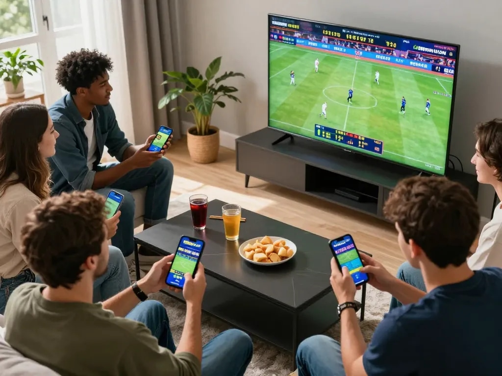Friends betting on live sports using the 888now com app in an energetic home setting