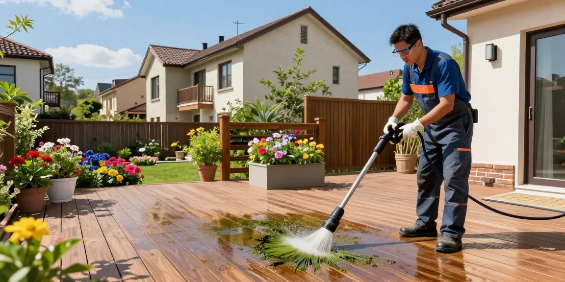 Terrassenreinigung Dortmund: Professionelle Reinigung von Holzterrassen in Dortmund bei sonnigem Wetter.