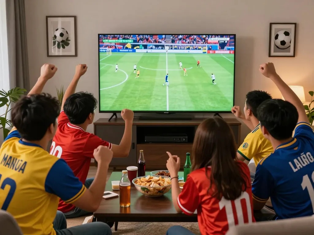 Fans enjoying a live match on luong son tv, celebrating football with snacks and jerseys.