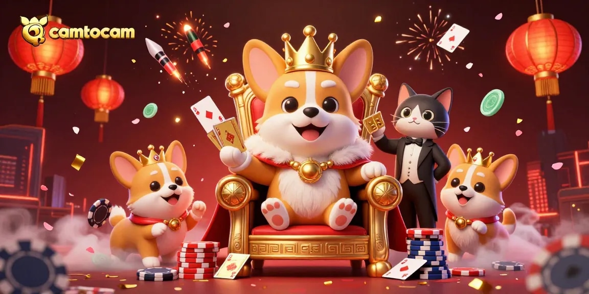 Camtocam provides exciting live gaming with a regal corgi and cat butler amid casino elements.