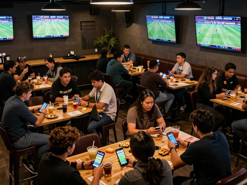 Engaged patrons at jagoan86 sports betting scene celebrating winning bets at a lively sports bar