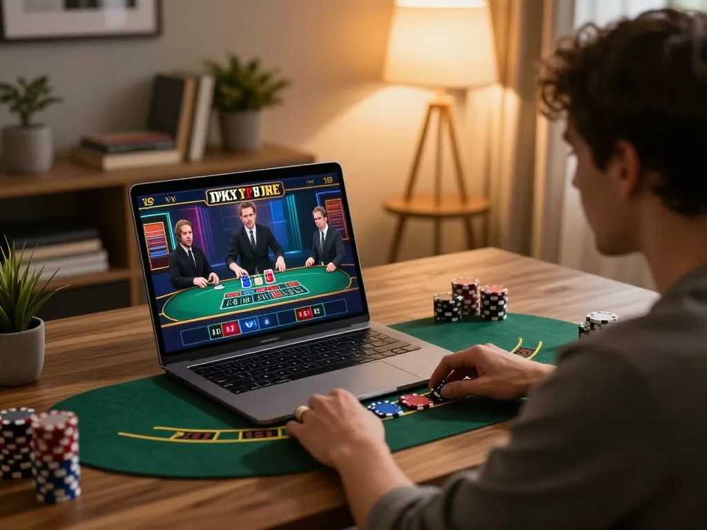 KJC player enjoying an online blackjack game on a laptop, showcasing strategic gameplay.